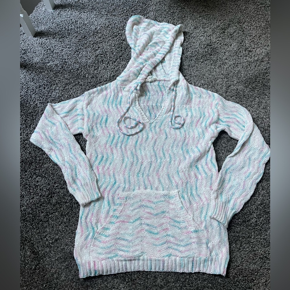 MYSTREE Chevron Hooded/Hoodie Sweater White With Pink & Blue Women’s Size Small